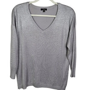 Cupio Gray Metallic 3/4 Sleeve Pullover V Neck Sweater Size Large